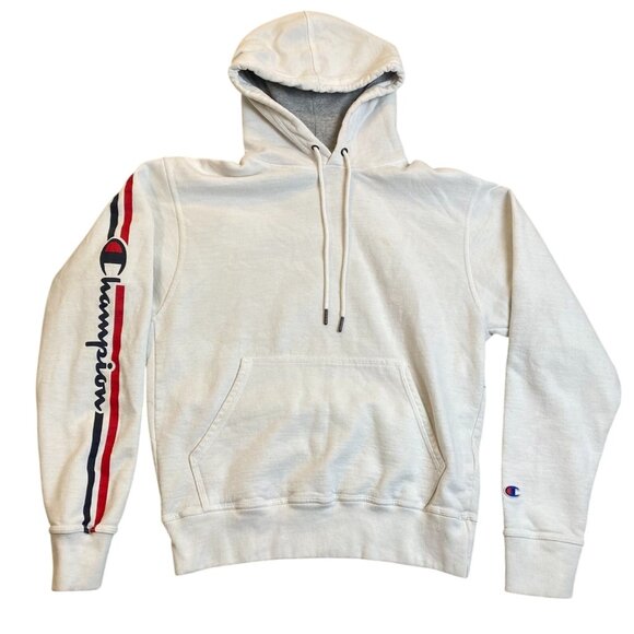 Champion Mens Hoodie Small White With Side Stripe Logo Front Pocket Drawstring - Picture 1 of 11
